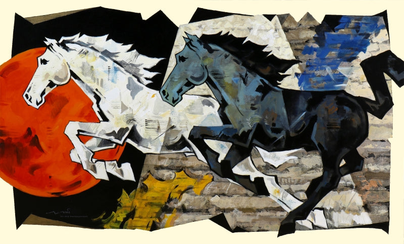 Horse Series 299' animals acrylic painting by artist Devidas Dharmadhikari, 36x60 inch, on canvas