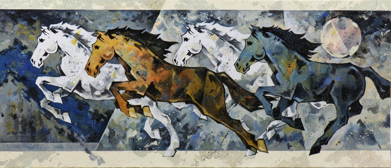 Horse Series 310' animals acrylic painting by artist Devidas Dharmadhikari, 36x84 inch, on canvas