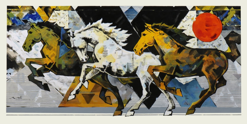 Horse Series 313' animals acrylic painting by artist Devidas Dharmadhikari, 36x72 inch, on canvas