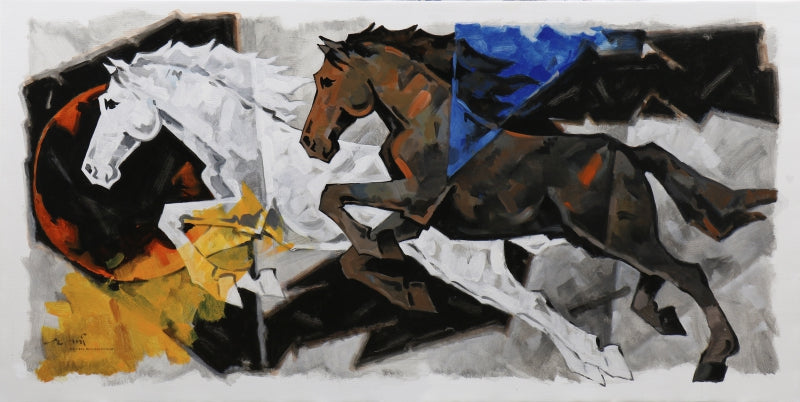 Horse Series 319' animals acrylic painting by artist Devidas Dharmadhikari, 36x72 inch, on canvas
