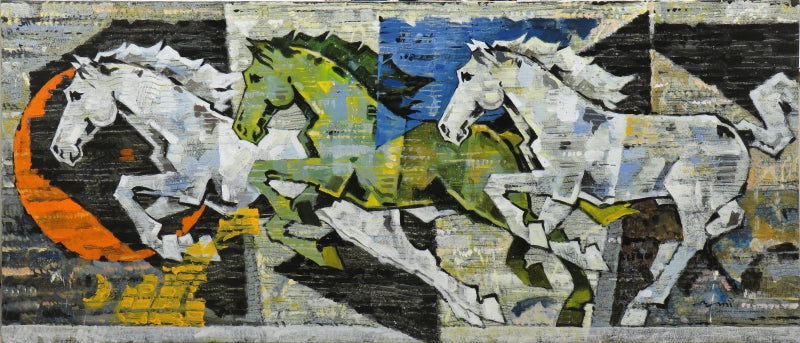 Horse Series 320' animals acrylic painting by artist Devidas Dharmadhikari, 36x84 inch, on canvas