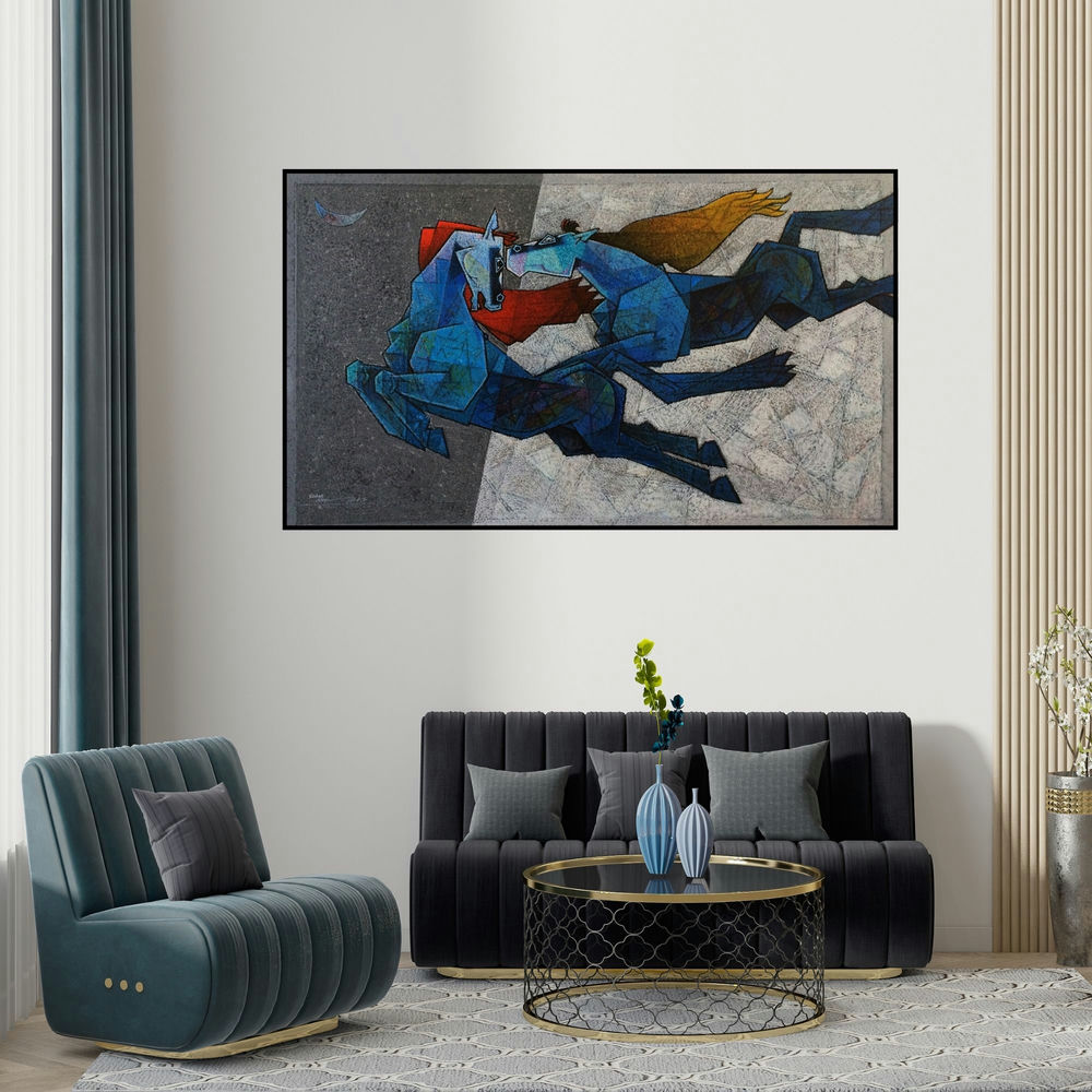 Dinkar Jadhav's 'Horse The Twilight Saga 2' painting visualized above a sofa in a contemporary room.