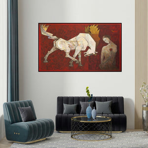 Dinkar Jadhav's 'Horse Waiting' painting visualized above a sofa in a contemporary room.