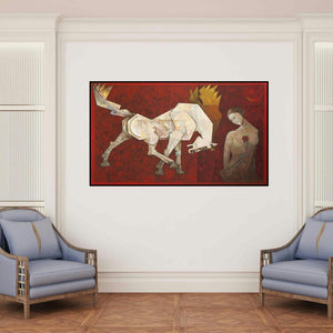 'Horse Waiting' painting by Dinkar Jadhav shown on a wall in a furnished room.