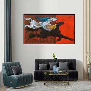 Dinkar Jadhav's 'Horses 5' painting visualized above a sofa in a contemporary room.
