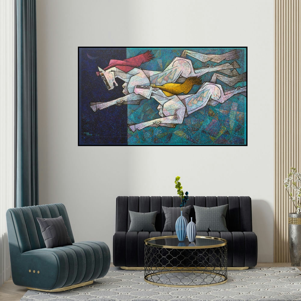Dinkar Jadhav's 'Horses 6' painting visualized above a sofa in a contemporary room.