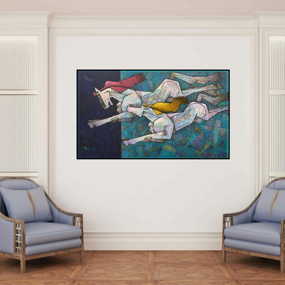 'Horses 6' painting by Dinkar Jadhav shown on a wall in a furnished room.