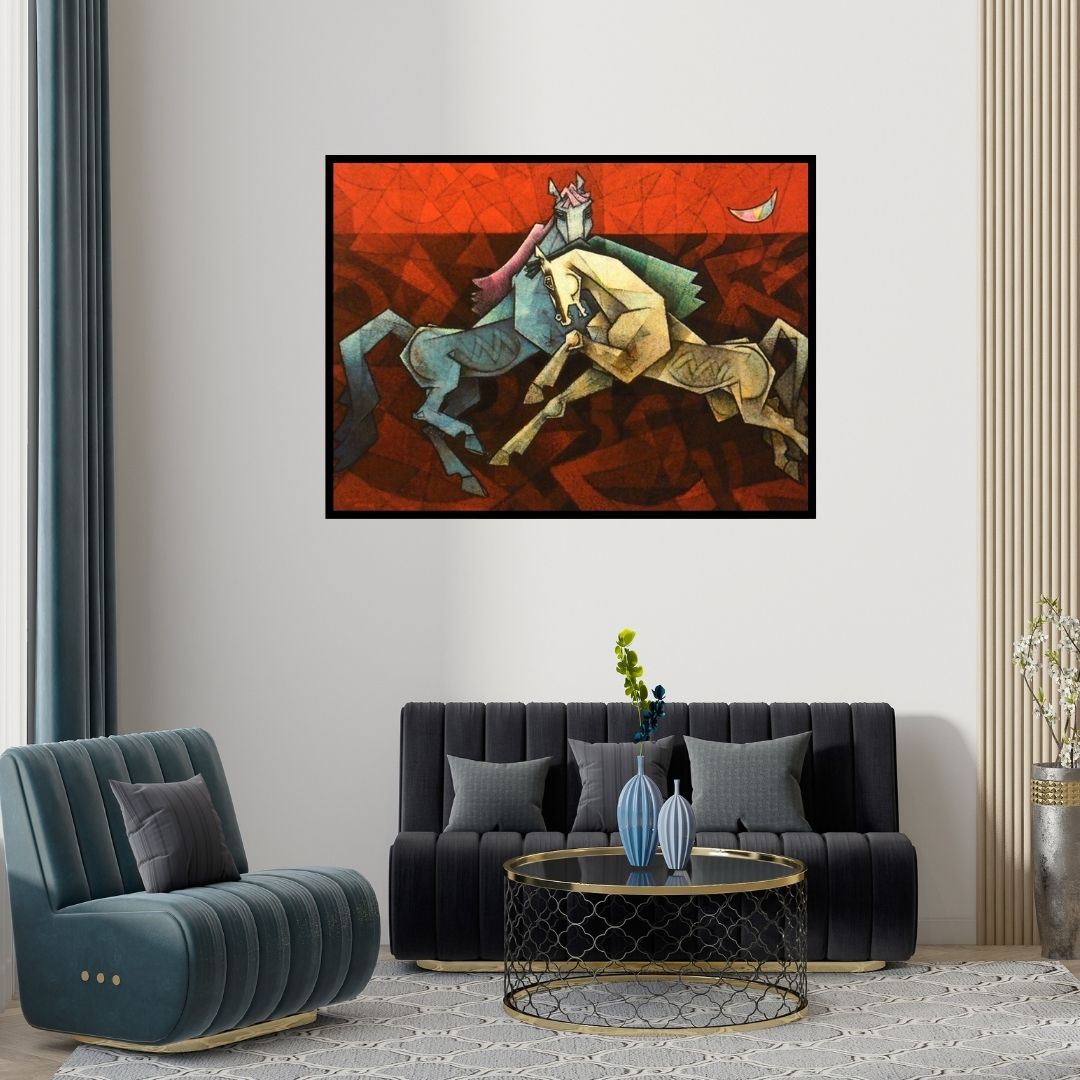 Preview of 'Horses Dancing Under The Moon 2' Painting by Dinkar Jadhav shown on a wall in a furnished room.
