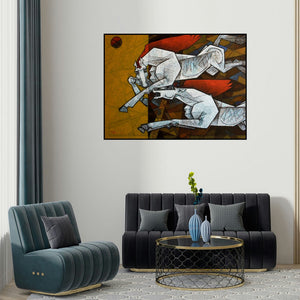 Dinkar Jadhav's 'Horses Dancing Under The Moon 3' painting visualized above a sofa in a contemporary room.