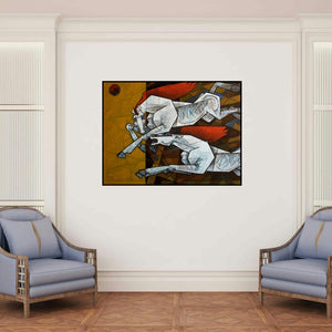 'Horses Dancing Under The Moon 3' painting by Dinkar Jadhav shown on a wall in a furnished room.