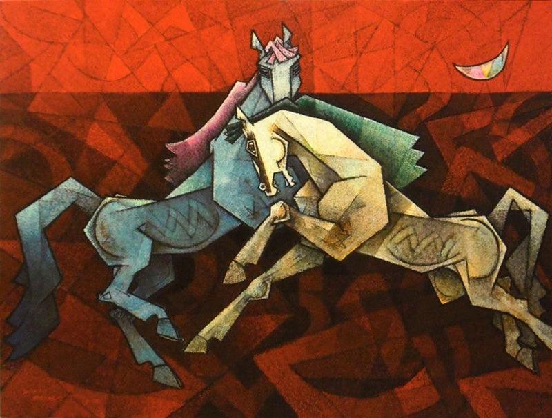 Animals acrylic painting titled 'Horses Dancing Under The Moon 2', 48x36 inches, by artist Dinkar Jadhav on Canvas