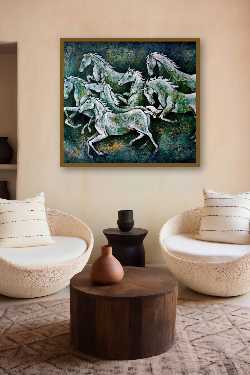 Horses In March 2 (Emerald Gallop) by artist Ranjith Raghupathy displayed in a Boutique gallery