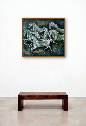 Horses In March 2 (Emerald Gallop) by artist Ranjith Raghupathy displayed in a Elegant Lounge