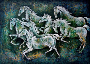 Horses In March 2 (Emerald Gallop) by Ranjith Raghupathy, Original Acrylic Animal Painting on Canvas, Medium Horizontal Wall Art