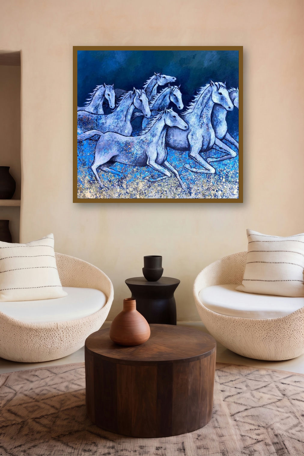 Horses In March (Midnight Gallop) by artist Ranjith Raghupathy displayed in a Contemporary Exhibition gallery