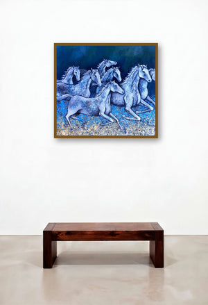 Horses In March (Midnight Gallop) by artist Ranjith Raghupathy displayed in a Industrial Hotel Suite