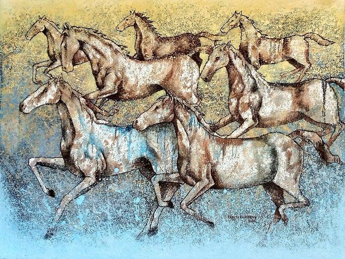 Animals mixed media painting titled 'Horses In Rain', 30x40 inches, by artist Ranjith Raghupathy on Canvas