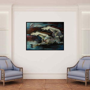 In-situ view of Dinkar Jadhav's 'Horses Power Of Speed' painting in a room