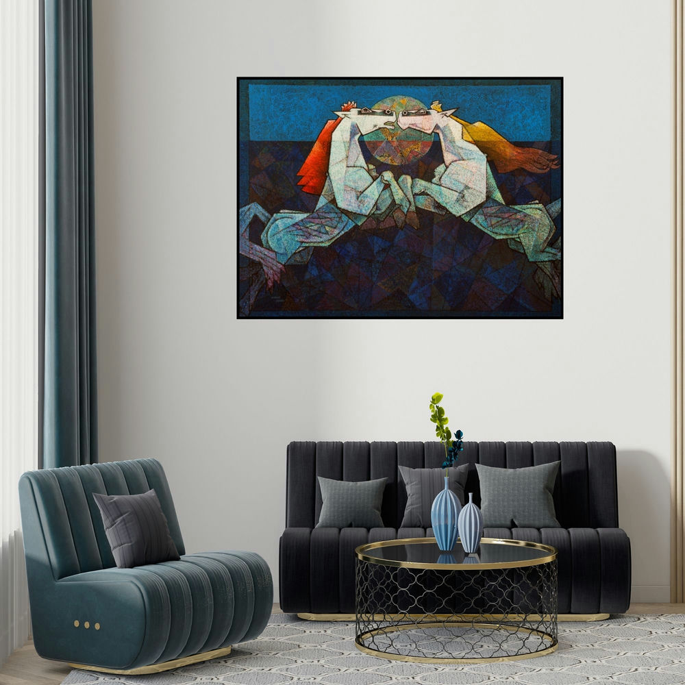 Dinkar Jadhav's 'Horses The Twilight Saga' painting visualized above a sofa in a contemporary room.