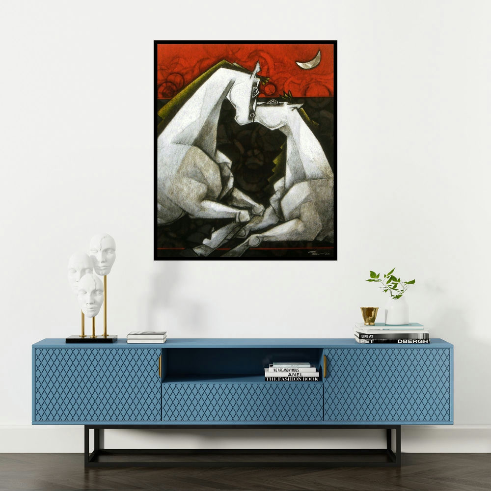 Dinkar Jadhav's 'Horses Waltzing In The Dream Vi' painting visualized above a sofa in a contemporary room.