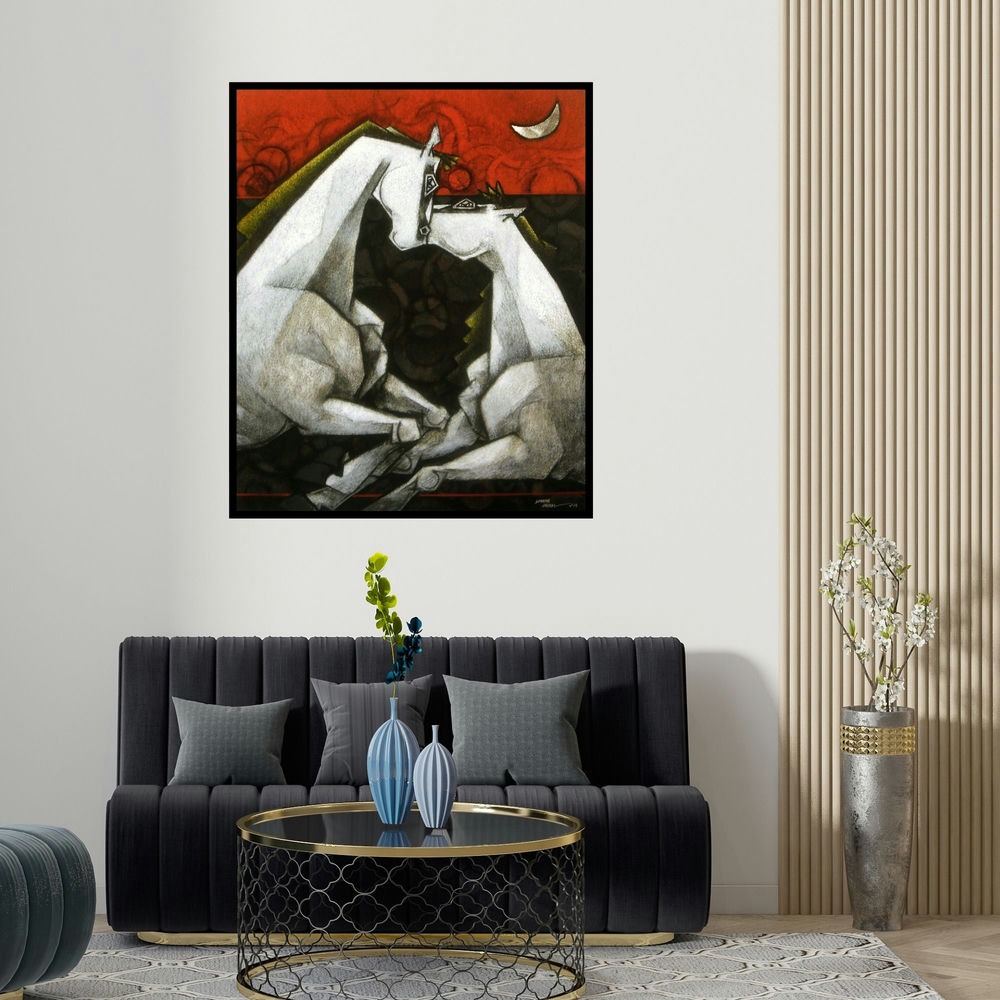 'Horses Waltzing In The Dream Vi' painting by Dinkar Jadhav shown on a wall in a furnished room.