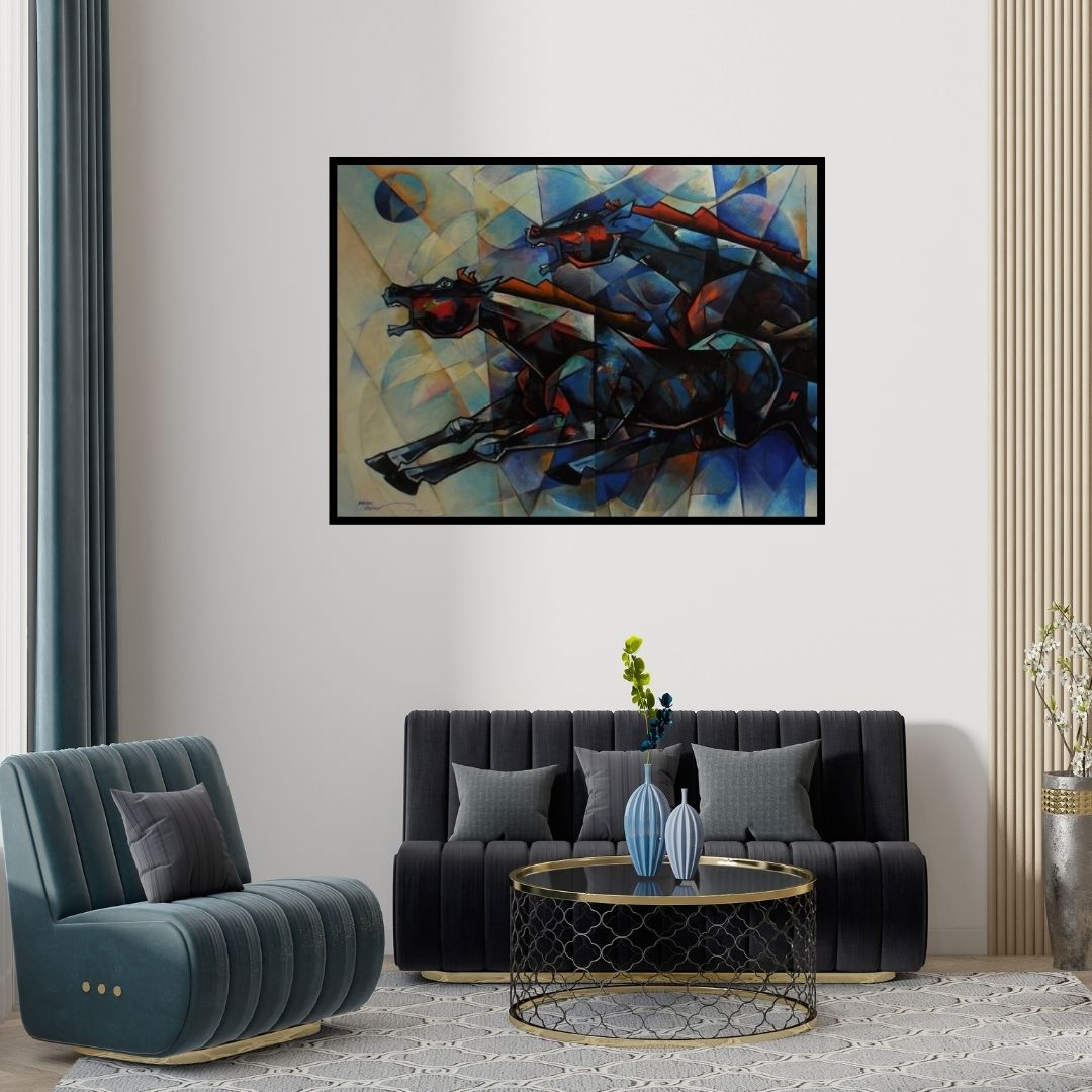 In-situ view of Dinkar Jadhav's 'Horses Waltzing In The Sky 4' painting in a room