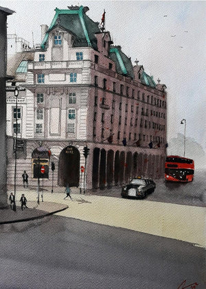 Hotel The Ritz London (London Landmark) by Arunava Ray, Original Watercolor Cityscape Painting on Paper, Small Vertical Wall Art