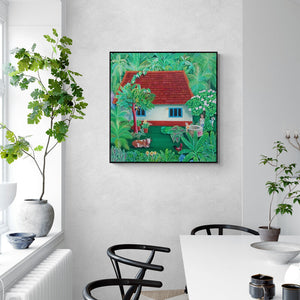 Murali Nagapuzha's 'House (A Verdant Retreat)' Painting visualized above a sofa in a contemporary room