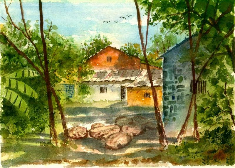 Cityscape watercolor painting titled 'House At Allepi Kerala', 10x14 inches, by artist Ramessh Barpande on Paper