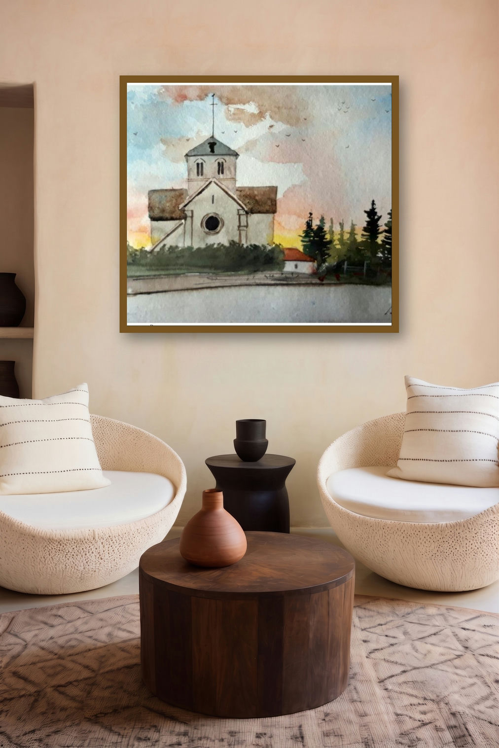 House In Bourgogne France (Twilight at the Chapel) by artist Arunava Ray displayed in a Museum Style gallery