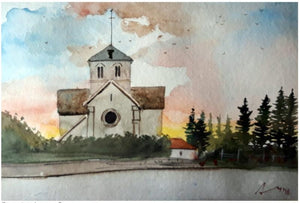 House In Bourgogne France (Twilight at the Chapel) by Arunava Ray, Original Watercolor Cityscape Painting on Paper, X-Small Horizontal Wall Art