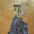 House On A Rock' landscape mixed-media drawing by artist Ninoshka Dias, 17x12 inch, on paper