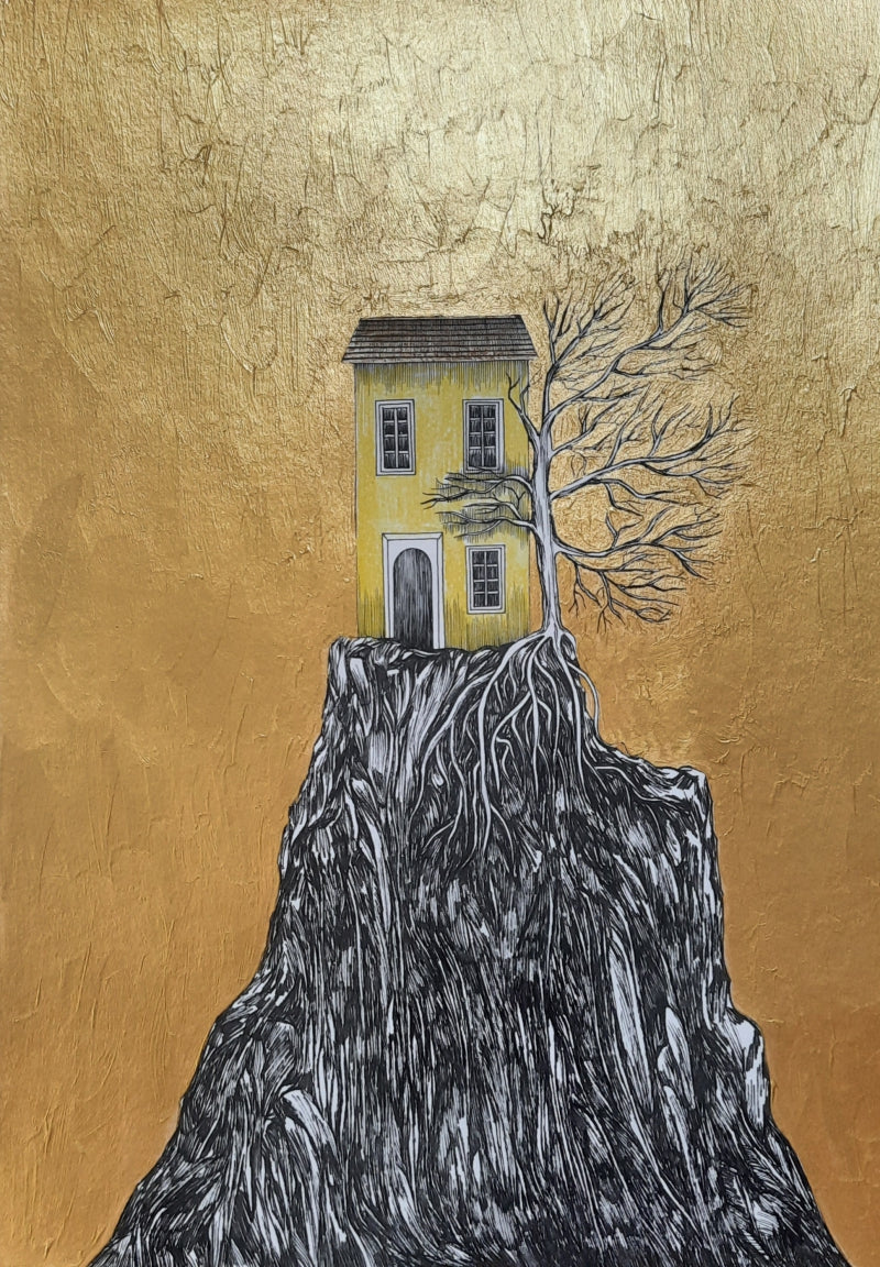 House On A Rock' landscape mixed-media drawing by artist Ninoshka Dias, 17x12 inch, on paper