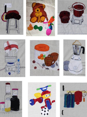 House Wife (Everyday Objects) by Shatabdi Roy, Original Mixed Media Contemporary Painting on Cloth, Small Vertical Wall Art
