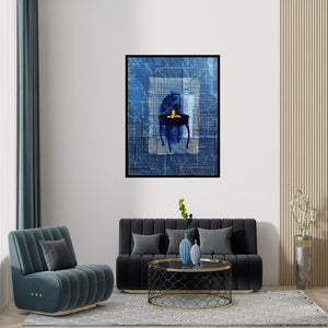 Preview of 'How Often Do You Stay (Blueprint Table)' Painting by T Raju Gopalarao shown on a wall in a furnished room.