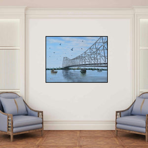 'Howrah Bridge (Majestic Howrah)' painting by Purnendu Mandal shown on a wall in a furnished room.