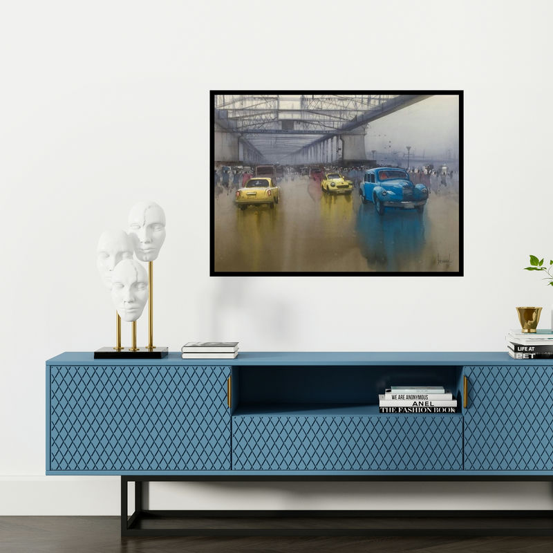 Preview of 'Howrah Bridge (Untitled)' Painting by Bijay Biswaal shown on a wall in a furnished room.