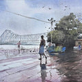 Cityscape acrylic painting titled 'Howrah Bridge Kolkata', 18x24 inches, by artist Ranabir Saha on Canvas