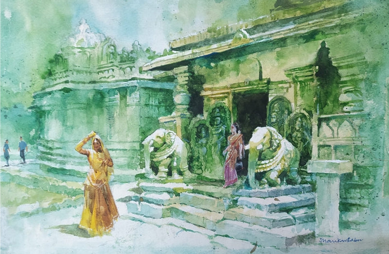 Hoysala Temple' religious watercolor painting by artist Sankara Babu, 11x17 inch, on paper