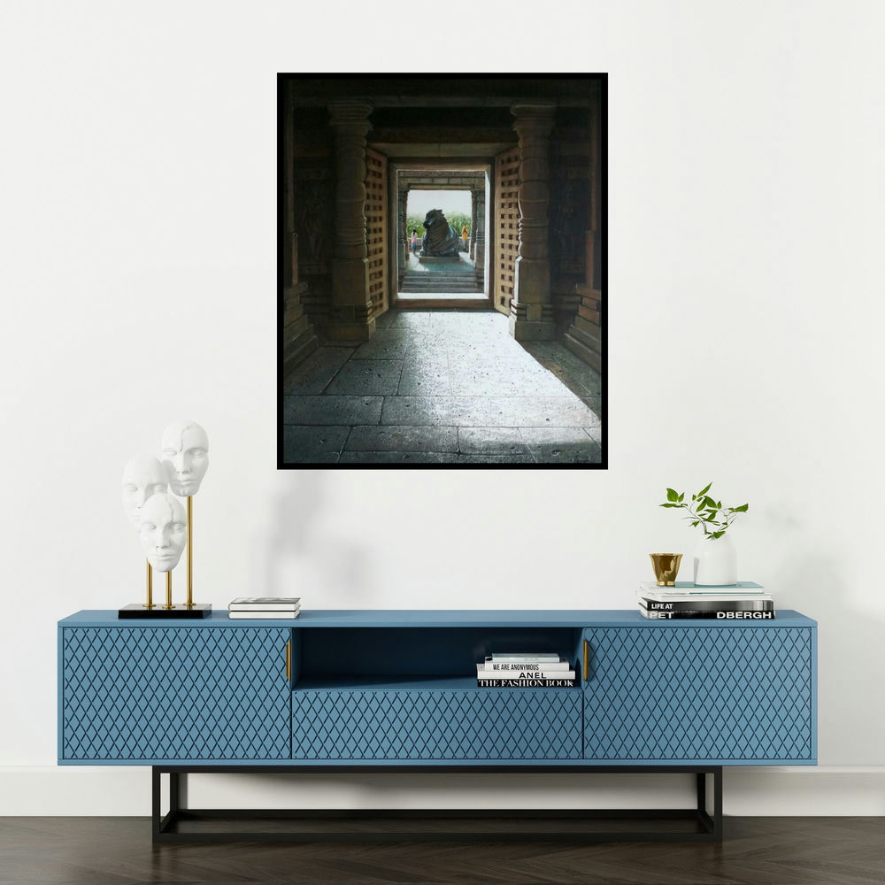 Pravin Pasare's 'Hoysaleswara Temple (Hoysaleswara Temple, Halebidu)' painting visualized above a sofa in a contemporary room.