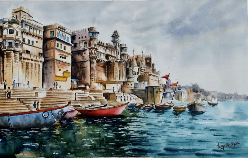 Cityscape watercolor painting titled 'Hues Of Varanasi', 15x22 inches, by artist Lasya Upadhyaya on Paper