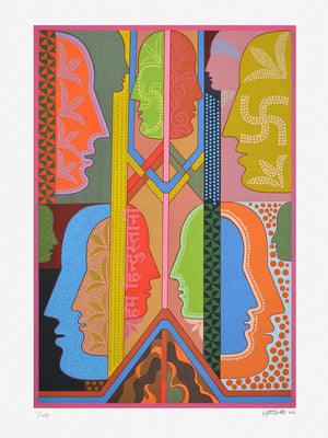 Hum Hindustani (Faces in Profile) by Jyoti Bhatt, Serigraph Serigraphs Contemporary Painting on Paper, Medium Vertical Wall Art