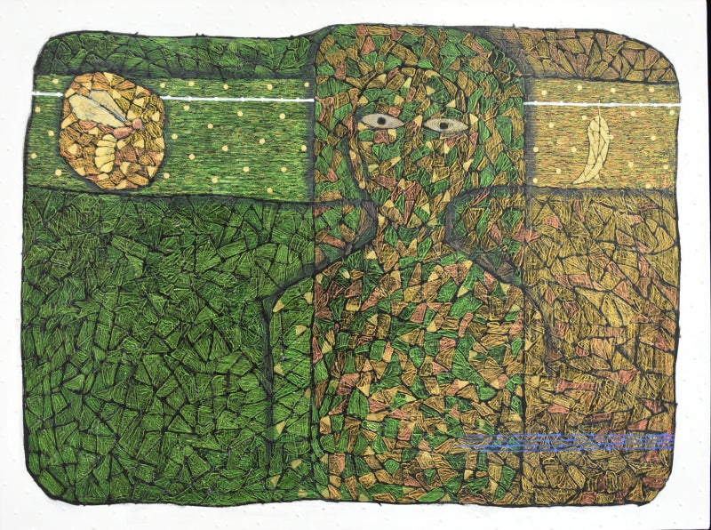Human Between Nature' contemporary mixed-media painting by artist Pravin Randive, 36x48 inch, on canvas