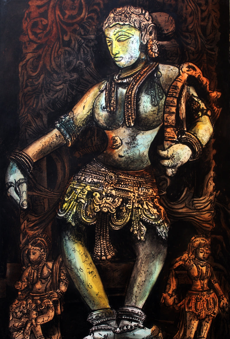 Hunter Lady' religious mixed-media painting by artist Gangu Naidu Pv, 36x24 inch, on canvas