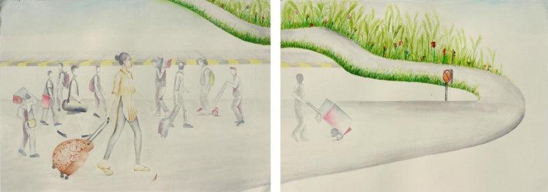 Figurative watercolor painting titled 'Hurdle Off Happiness', 10x28 inches, by artist Dishakha Yadav on Paper