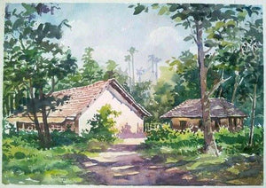 Hut (Forest Hideaway) by Gaurishankar Behera, Original Watercolor Landscape Painting on Paper, Small Horizontal Wall Art