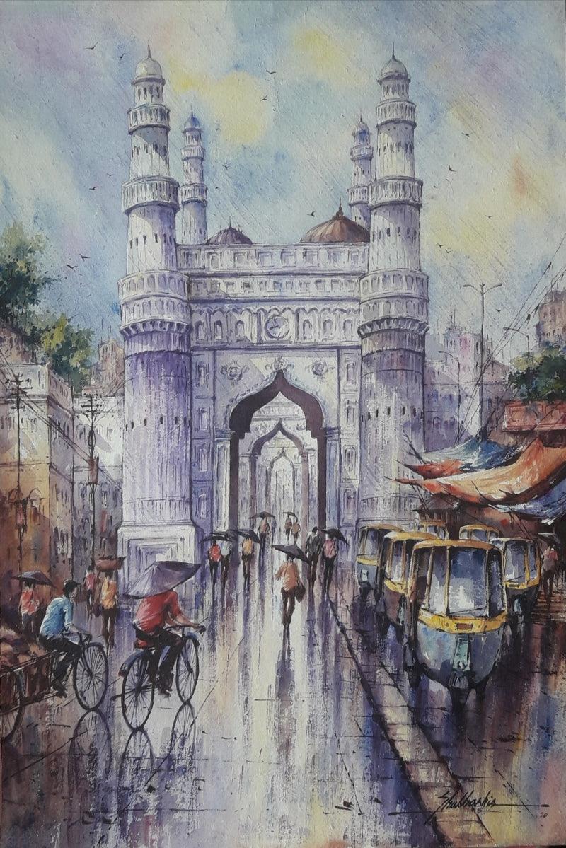 Cityscape watercolor painting titled 'Hyderabad 1', 22x15 inches, by artist SHUBHASHIS MANDAL on Handmade paper