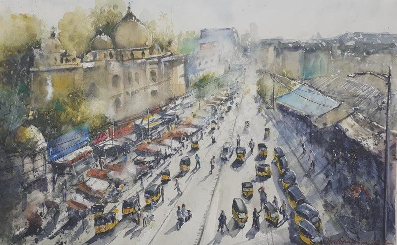 Cityscape watercolor painting titled 'Hyderabad Panoramic View', 20x14 inches, by artist Mrutyunjaya Dash on paper