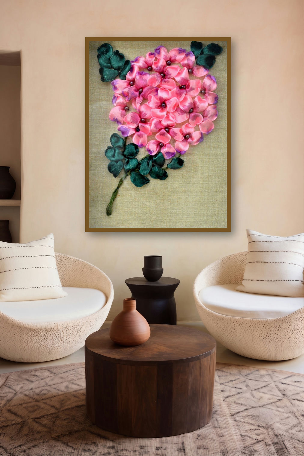 Hydrangea (Ribbon Hydrangea Bouquet) by artist Mohna Paranjape displayed in a Museum Style gallery