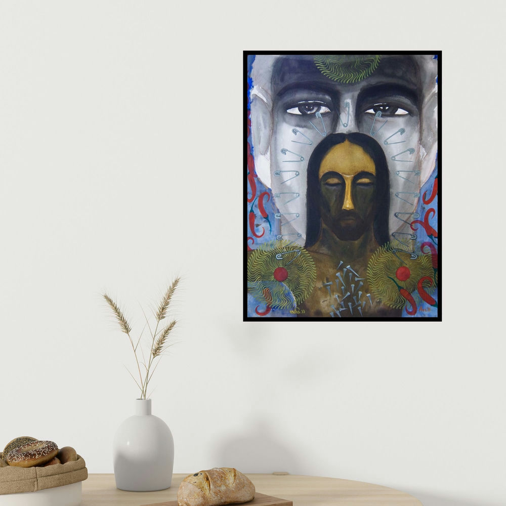 Avi Roy's 'I Am He (Vulnerability and Strength)' painting visualized above a sofa in a contemporary room.